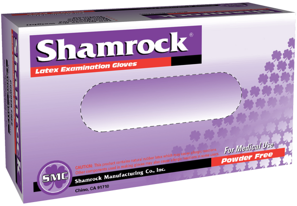 Shamrock Glove Exam Powder Free Latex Gloves (10000 Series – 5.5g, 100 gloves per box). Sizes Available: Extra Small, Small, Medium, Large, and Extra Large