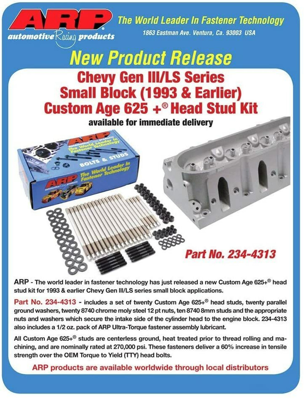 ARP 234-4313 625+ Head Studs 97-03 Cylinder Head Stud Kit LS 4.8 5.3 5.7 6.0