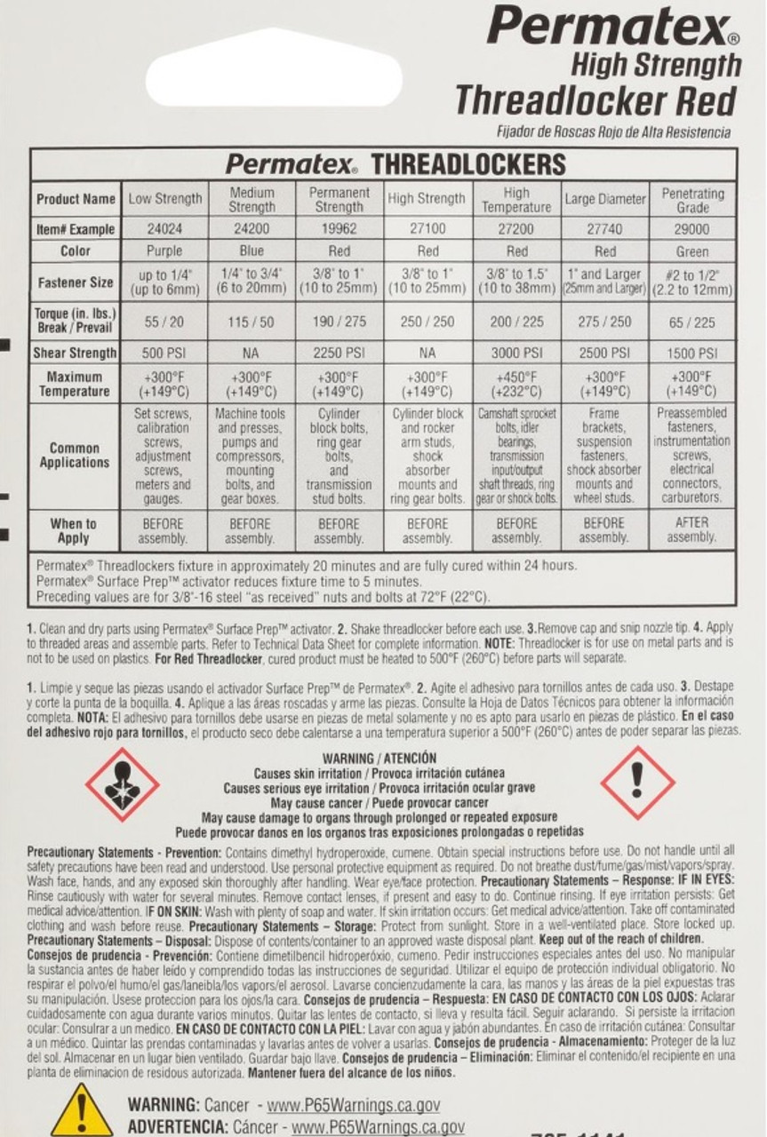 Permatex 27100 Red High Strength Threadlocker 6ml