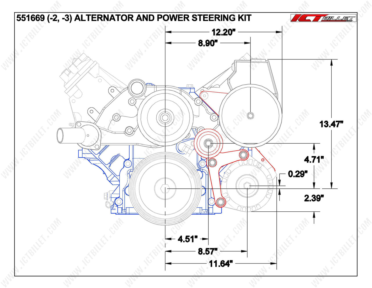 ICT Billet LS Camaro GTO Low Mount Alternator, Power Steering Pump Brackets LS1 LS6 Billet Aluminum