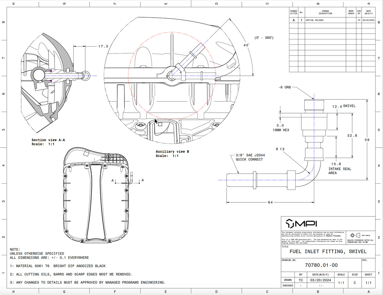 Performance Design 90 Degree Swivel Fuel Inlet Fitting for XS LS3 Intake Manifolds