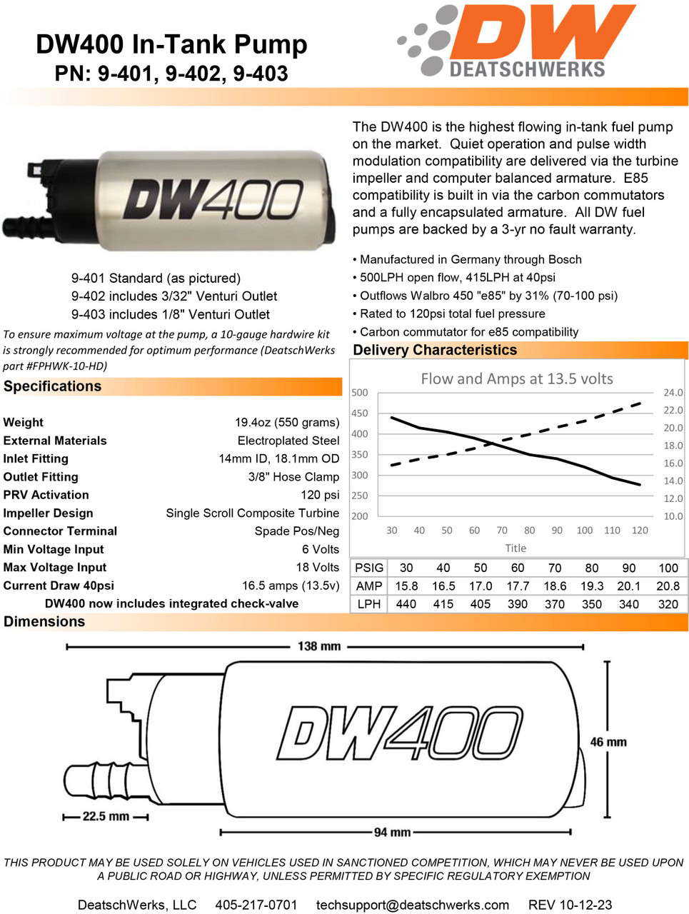 DeatschWerks DW400 415LPH In-Tank Fuel Pump with Universal Install Kit - E85 Compatible 9-401-1001