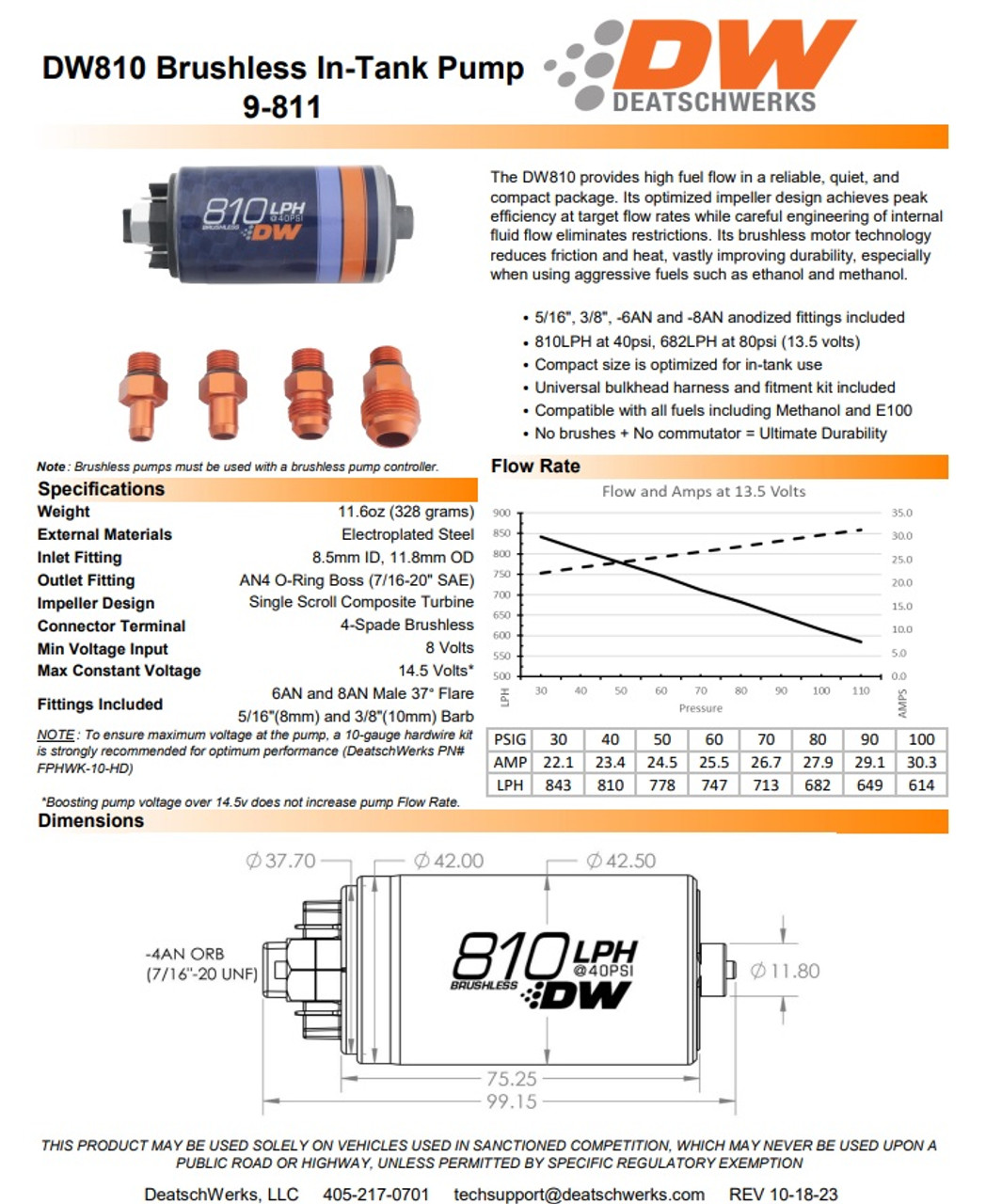 DeatschWerks DW810 Brushless Series In-Tank Fuel Pump Kit – 810LPH with Dual-Speed Controller