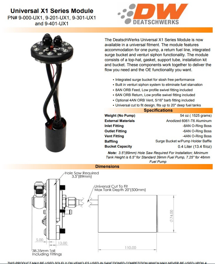 DeatschWerks Universal UX1 Module with DW400 Fuel Pump and Bucket 415LPH @ 40psi