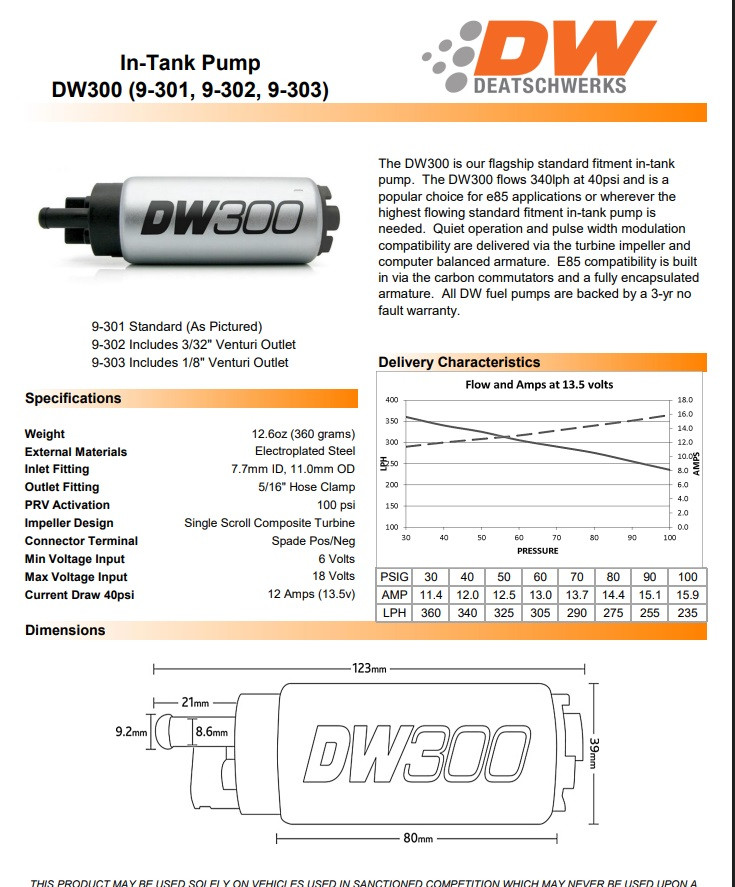 DeatschWerks Universal UX1 Module with DW300 Fuel Pump and Bucket 340LPH