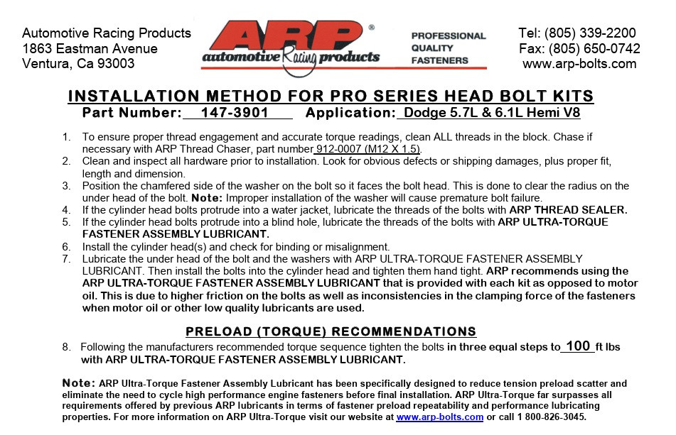 ARP 147-3901 Head Bolt Kit for 2003+ Hemi 5.7L 6.1L 6.2L 6.4L Dodge Chrysler Ram Jeep Pro Series 12-Point