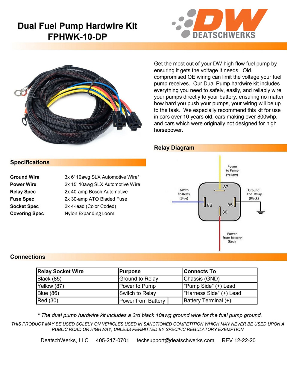 DeatschWerks Dual Pump High-Current Universal Fuel Pump Hardwire Kit FPHWK-10-DP