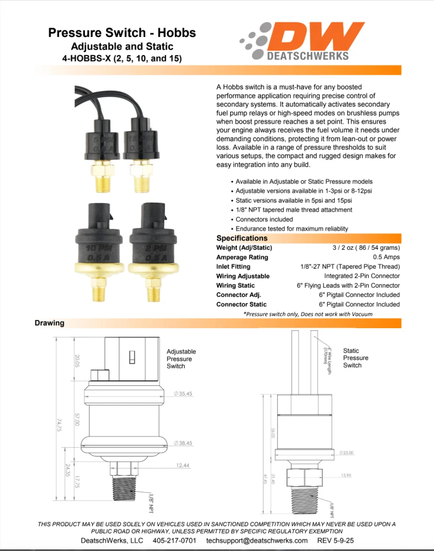 DeatschWerks 1/8" NPT Adjustable 2 PSI Hobbs Pressure Switch Pigtail (1-3 PSI)