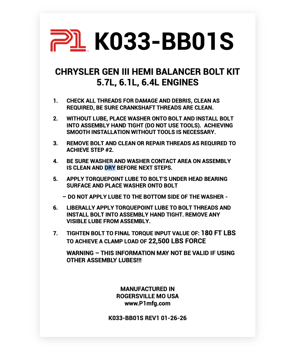 Point One P1 K033-BB01S Harmonic Balancer Bolt Kit Chrysler Gen III HEMI 5.7L 6.1L 6.4L