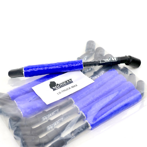 Garage Sale - Michigan Motorsports Black 10mm LS Truck Spark Plug Wires with Blue Fiberglass Heat Sleeves - 10” Length (Set of 8)