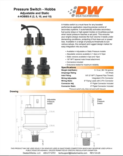 DeatschWerks 1/8" NPT Adjustable 10 PSI Hobbs Pressure Switch Pigtail (8-12 PSI)