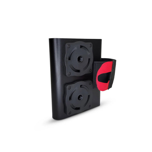 Strap-mounted Ancore Plate Dock attached to squat rack for versatile plate organization