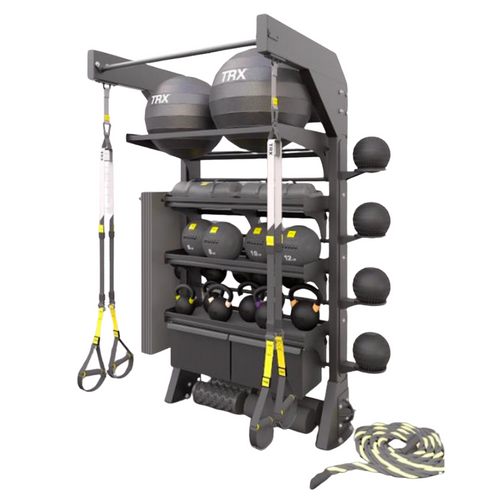 Heavy-duty TRX anchored single bay with reinforced shelves for gym storage and training
