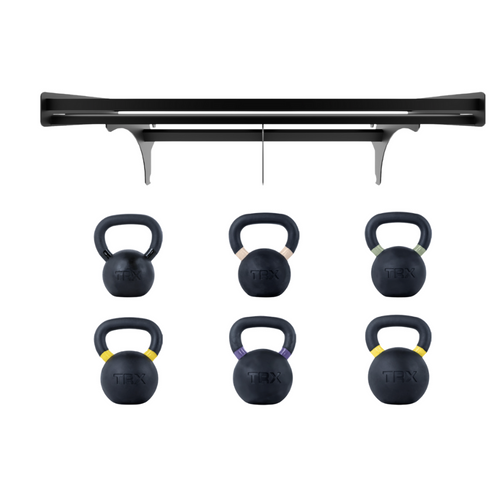 TRX Rubber Coated Kettlebell Shelf Bundle with durable steel shelf for organized gym storage