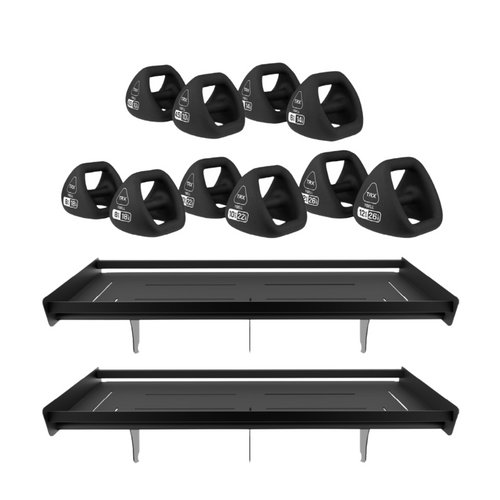 TRX YBell Neo Shelf Bundle with angled dumbbell shelves for organized gym weight storage