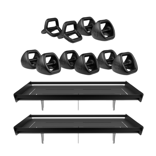 TRX YBell Pro Standard cast iron weights with powder coating stored on angled dumbbell shelves