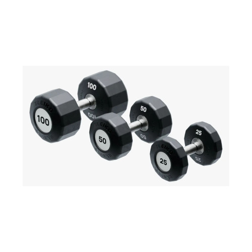 Eleiko Evo Dumbbell Rotating Set with a graduated rack of rotating-head dumbbells
