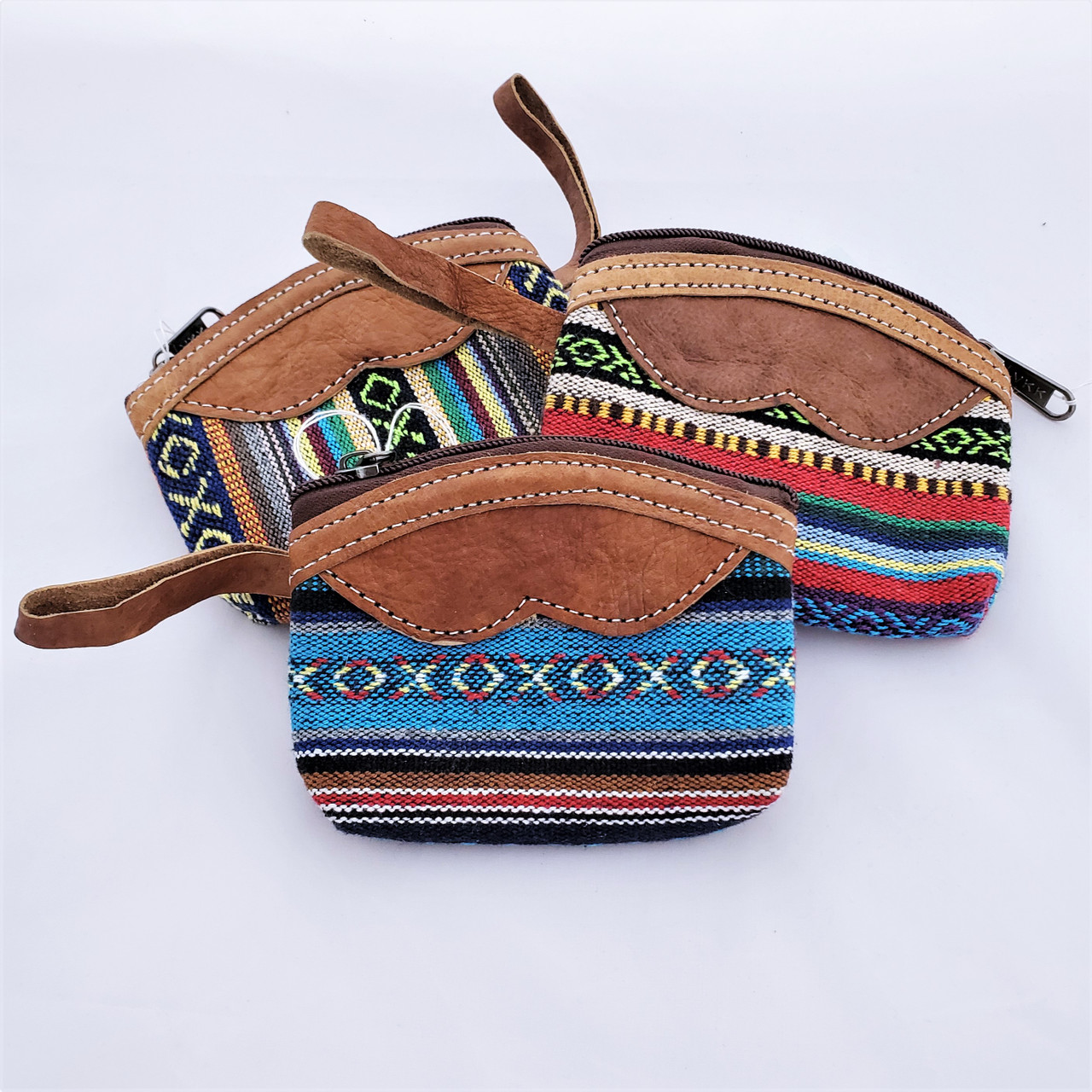 Woven Cotton Small Coin Purse with Buffalo Hide Accents from Nepal