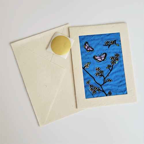 Fair trade wholesale apple blossom and butterfly batik note card from Nepal