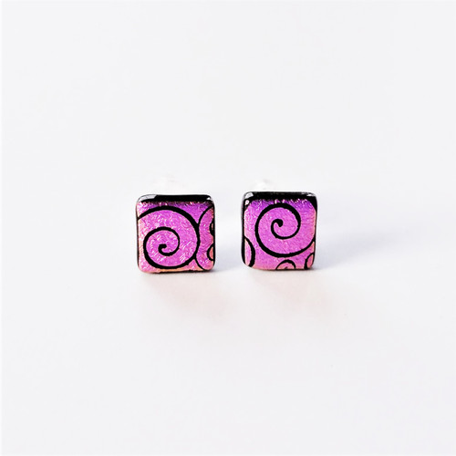 Fair trade wholesale pink dichroic glass stud post earrings from Chile