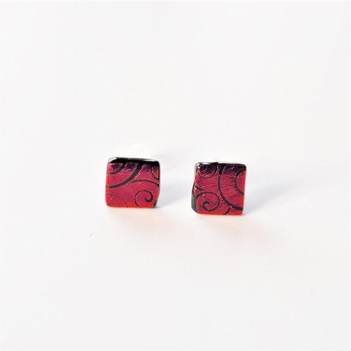 Fair trade wholesale red dichroic glass square stud post earrings from Chile