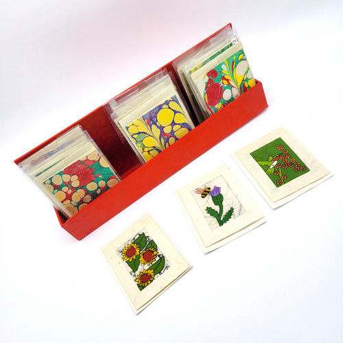 Fair trade marble and batik mini card set with handmade paper display from Bangladesh and Nepal