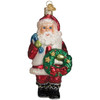 Old World Christmas Glass Blown Ornament, Santa with Wreath (With OWC Gift Box)