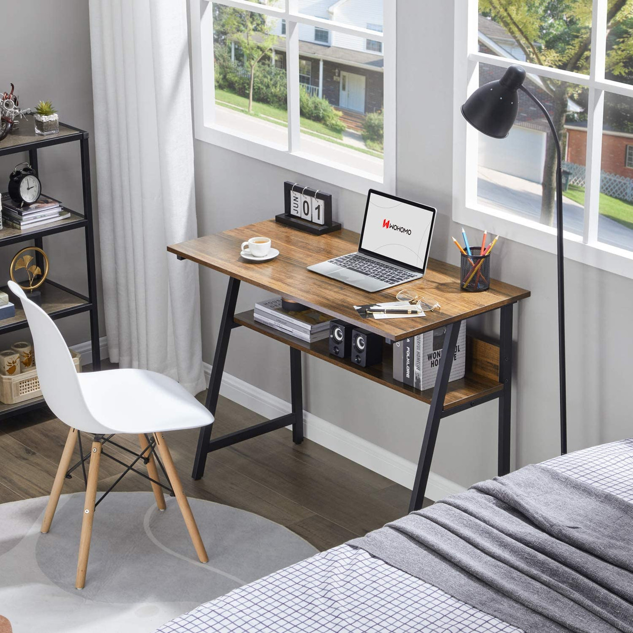 metal computer desk with shelves