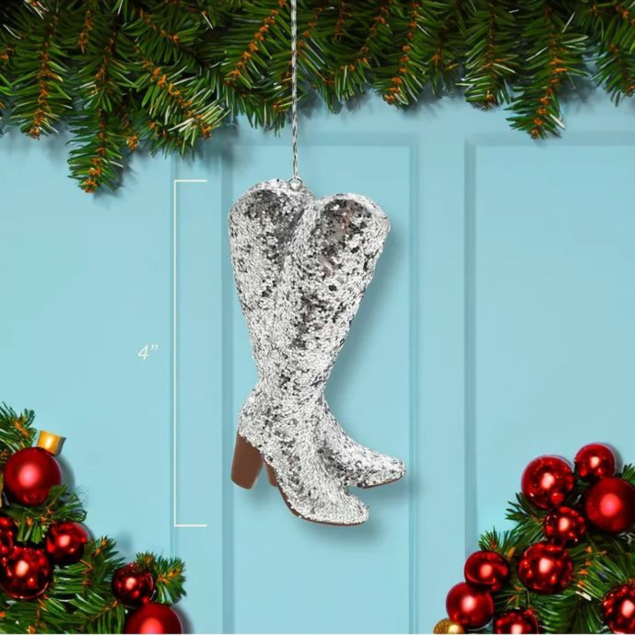 Kurt Adler Hanging Resin Christmas Tree Ornament, Silver Glitter Cowboy Boots - Thumbnail 3
