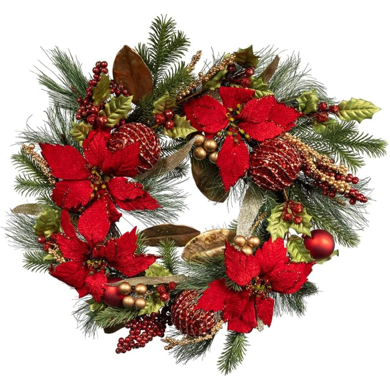 Kurt Adler 24-Inch Unlit Gold and Red Poinsettia Wreath