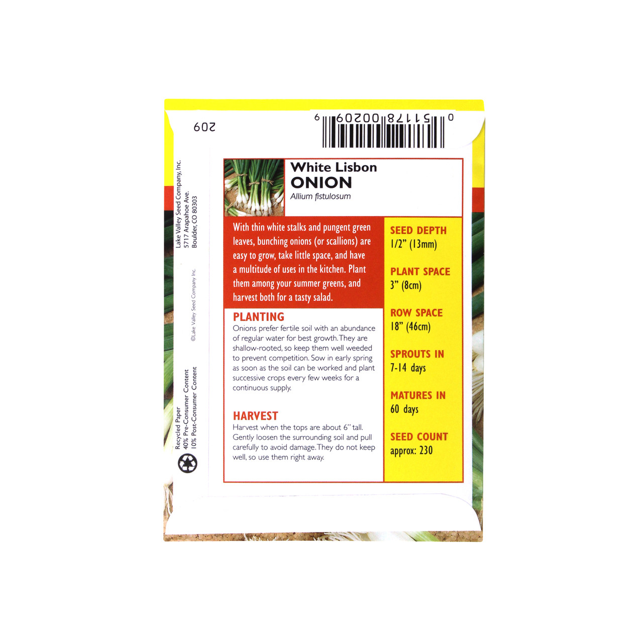 Lake Valley Seed Onion, White Lisbon Heirloom, Scallion Bunching, 5g