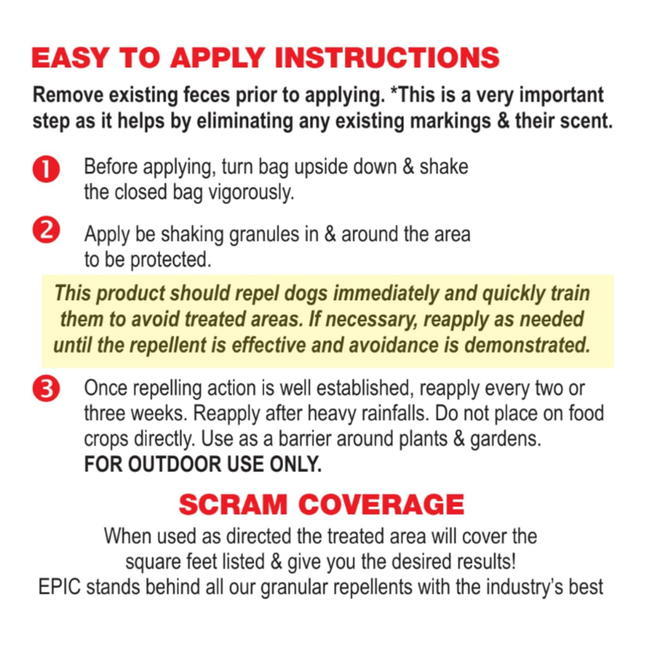 EPIC Scram for Dogs All Natural Ready To Use Outdoor Granular Animal Repellent Resealable Bag, 3.5lbs