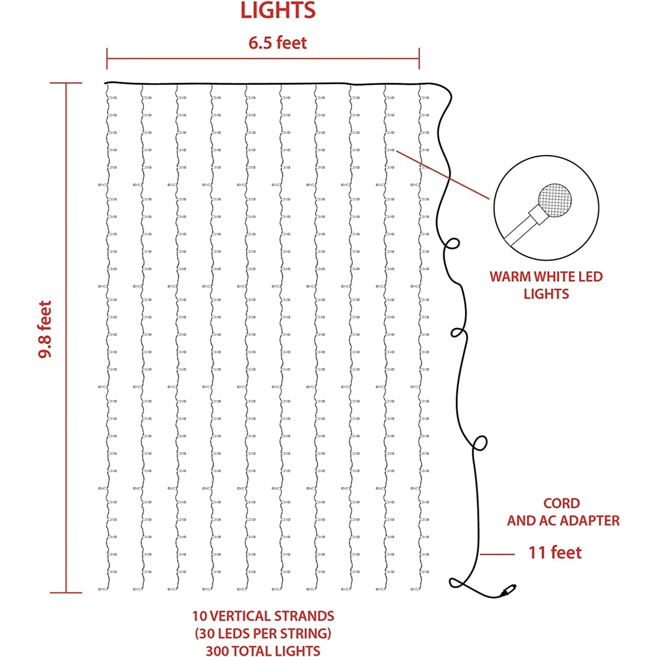 ProductWorks 8-Function, String Light Curtain, 300 Warm White Berry Lights 6.5'