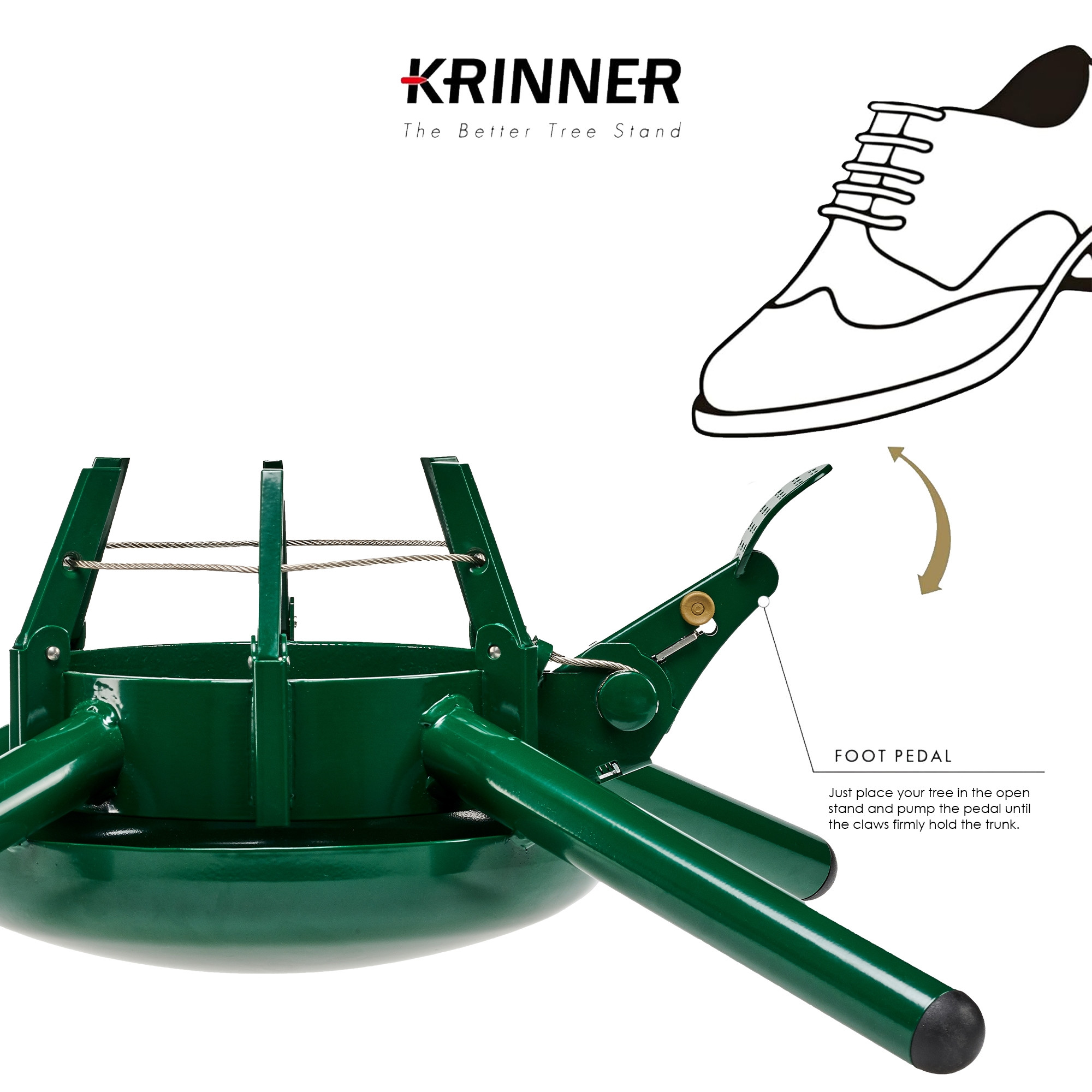 KRINNER Tree Genie Green Christmas Tree Stand, Steel - Foot Pedal Setup for 15 Foot Trees