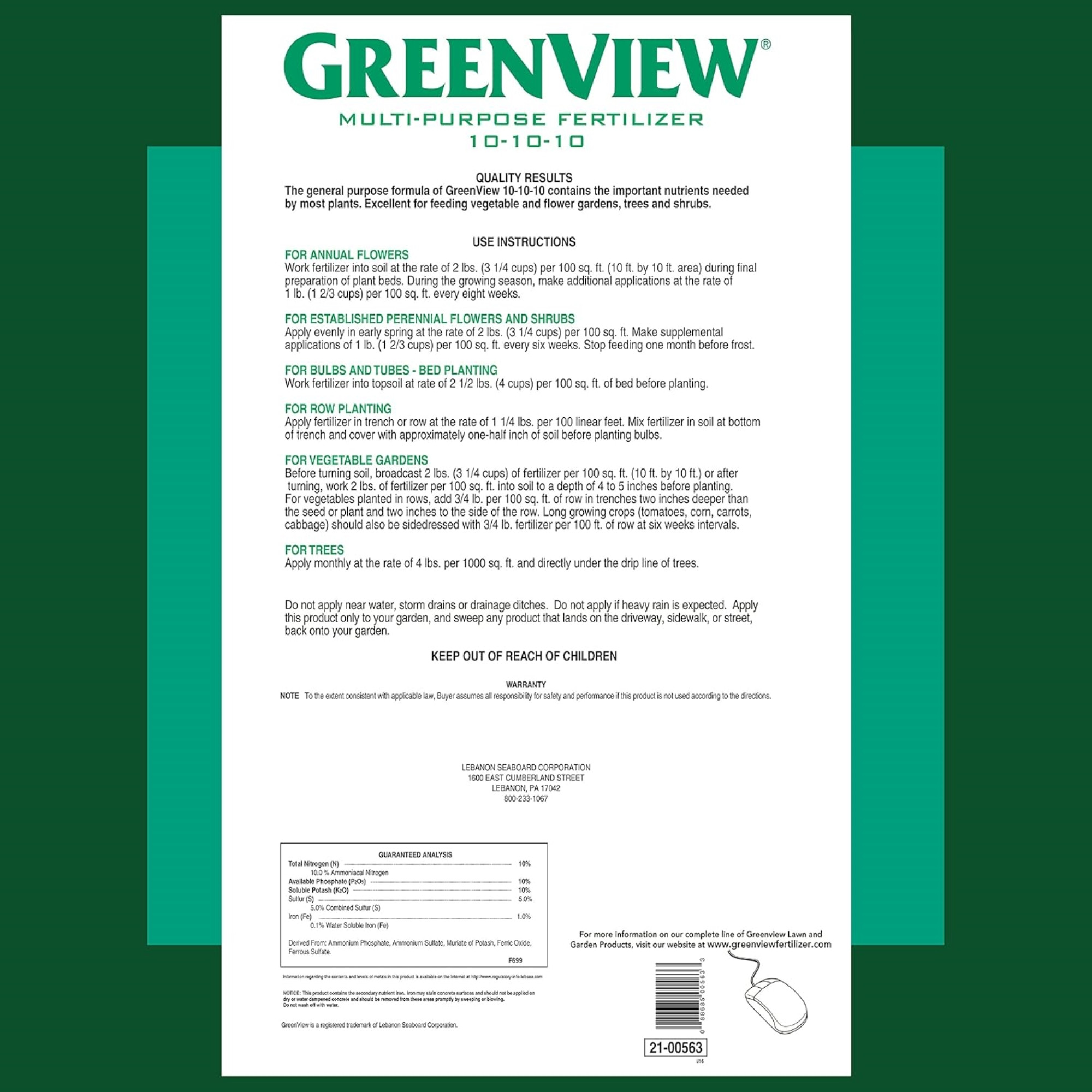 Lebanon Green View Multi-Purpose Fertilizer 10-10-10, 33lb