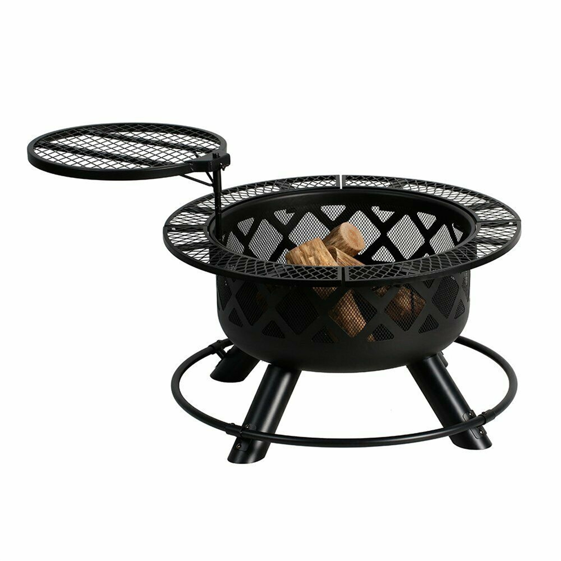 Big Horn Circular Steel Ranch Fire with Table Sides, and Grill Top, Black, 24”