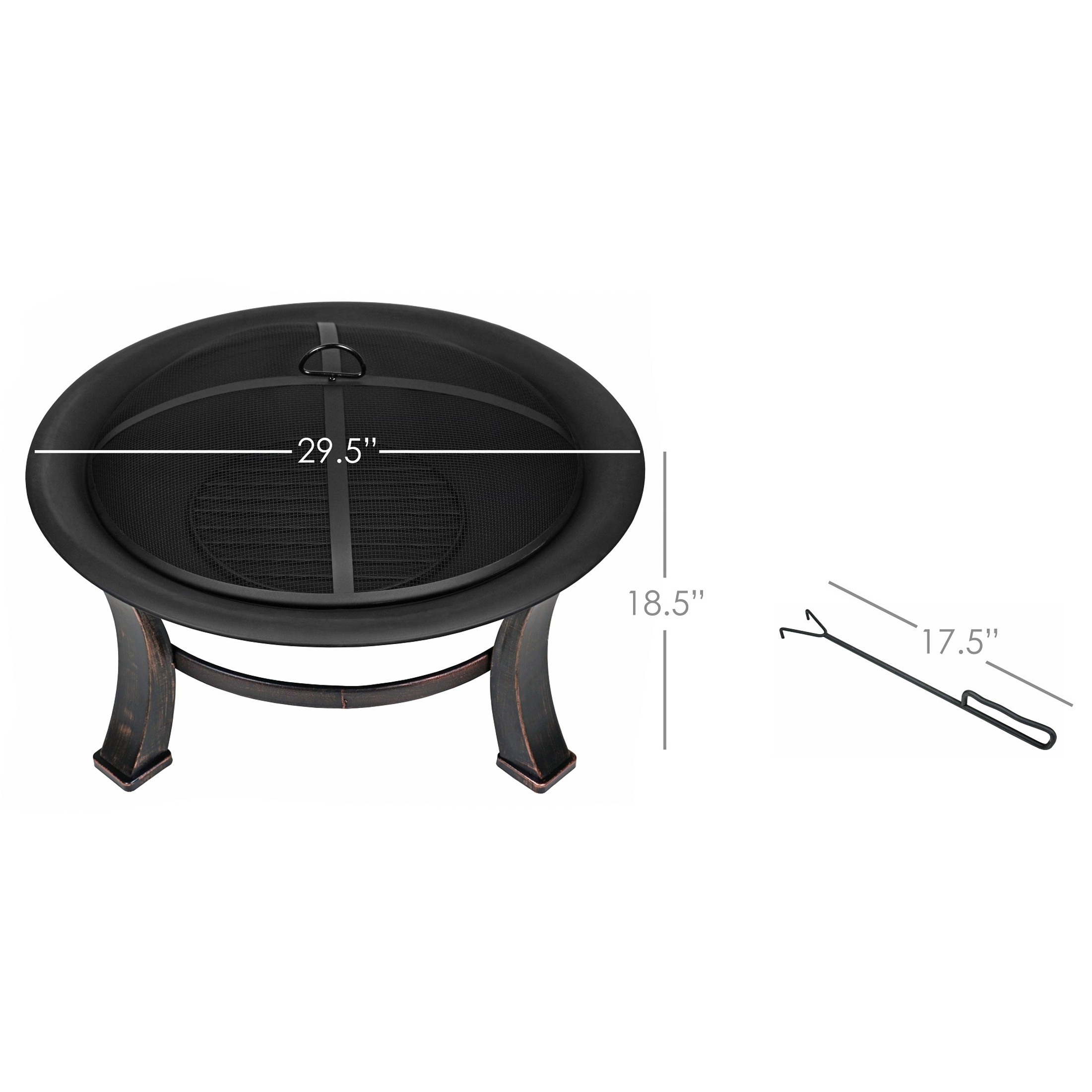Four Seasons Courtyard Steel Wood-Burning Fire Pit w/ Mesh Screen Cover and Poker, Black 30"