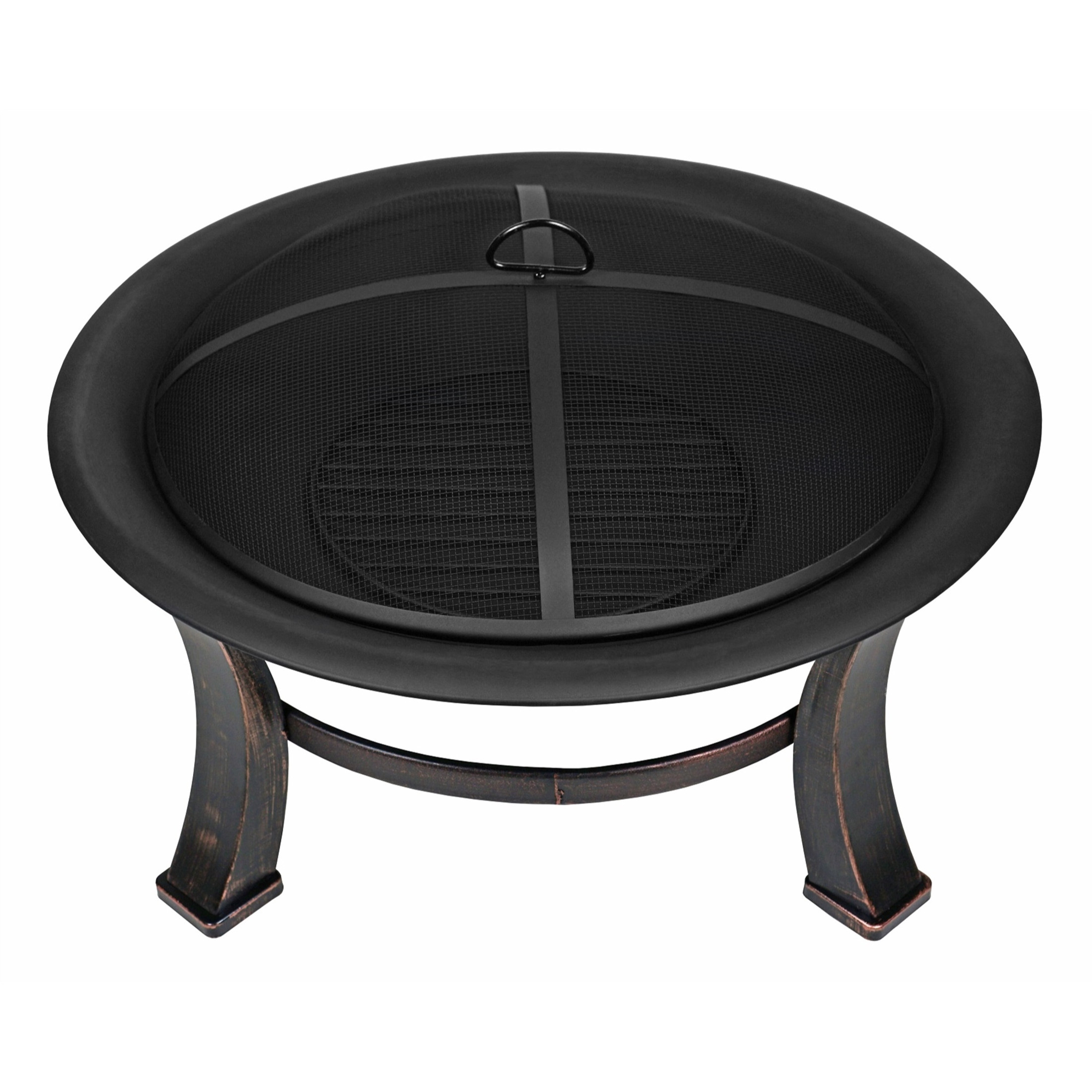Four Seasons Courtyard Steel Wood-Burning Fire Pit w/ Mesh Screen Cover and Poker, Black 30"