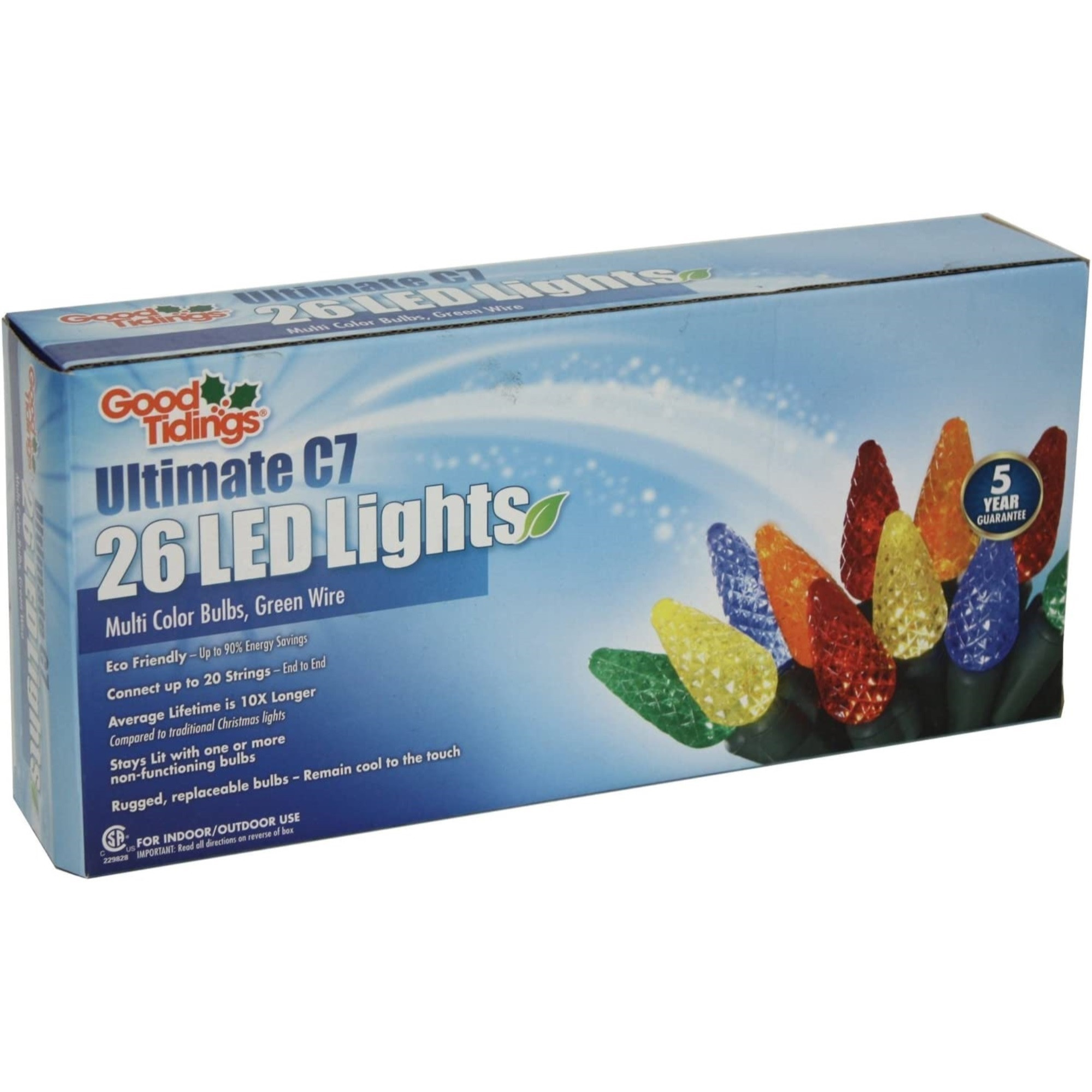 Good Tidings Diamond Cut Multicolored LED Christmas String Light with Green Wire, 15ft