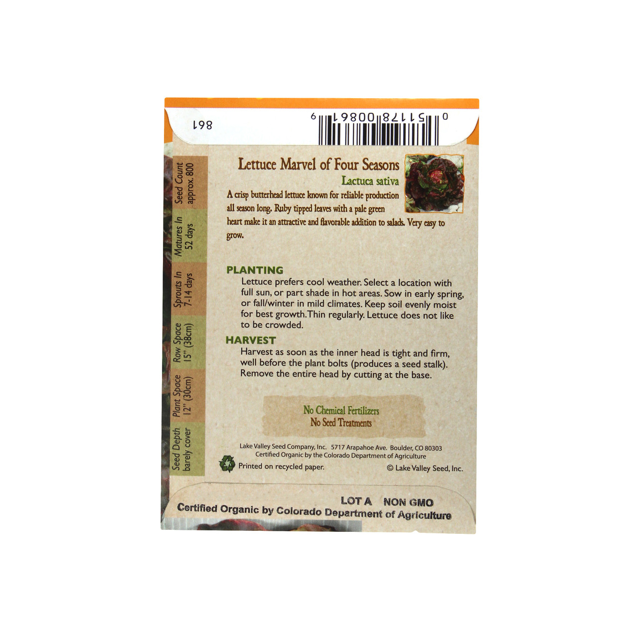 Lake Valley Seed Lettuce Organic Marvel of 4 Season Vegetable Seeds