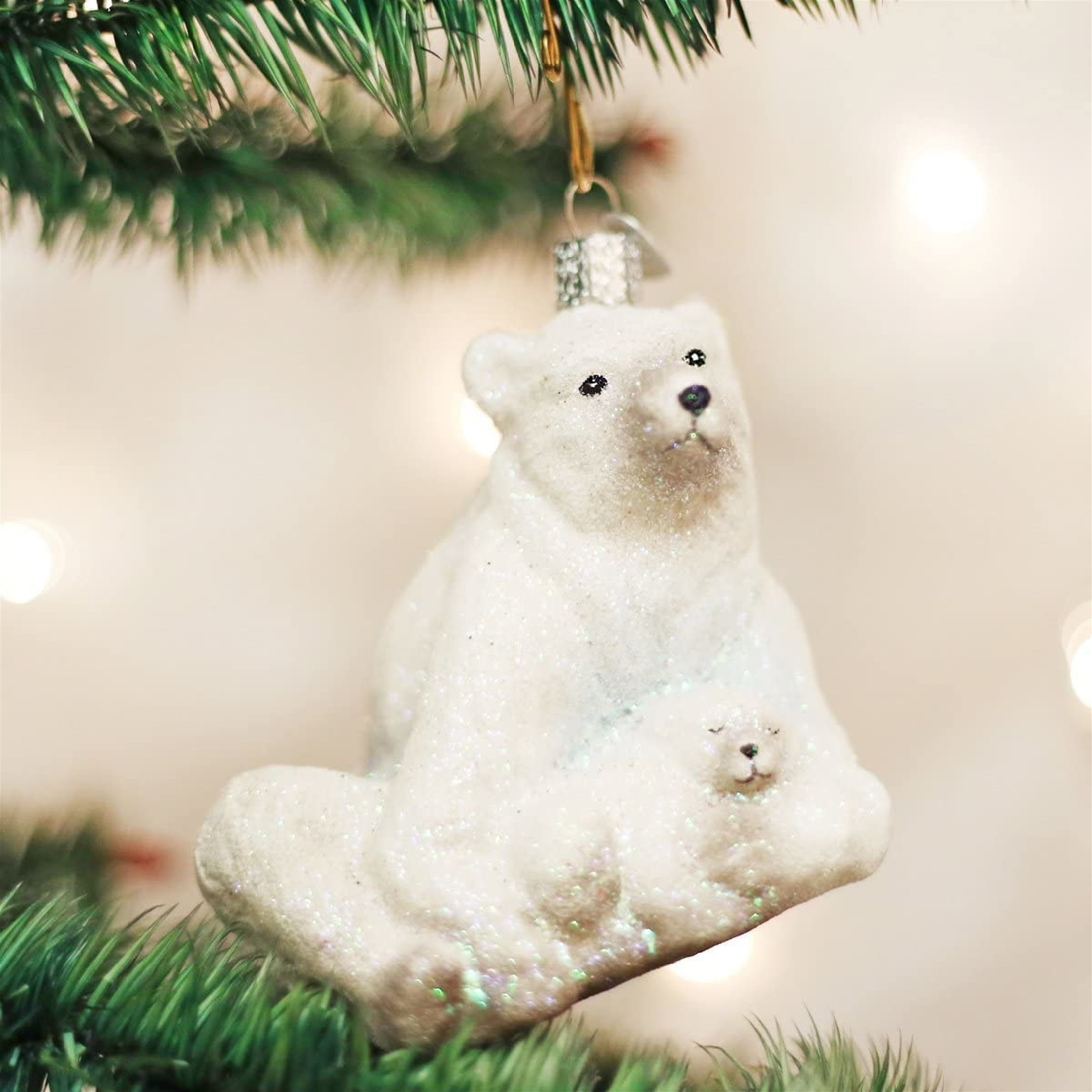 Old World Christmas Glass Blown Ornament, Polar Bear With Cub (With OWC Gift Box)