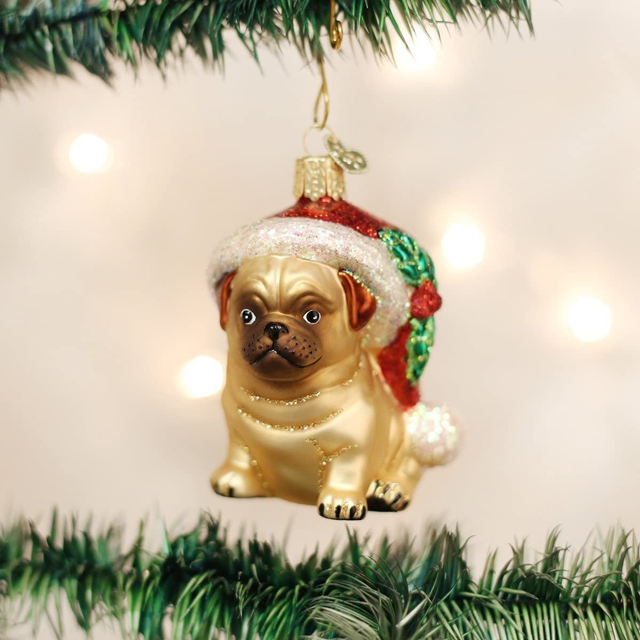 Old World Christmas Glass Blown Ornament, Holly Hat Pug (With OWC Gift Box)