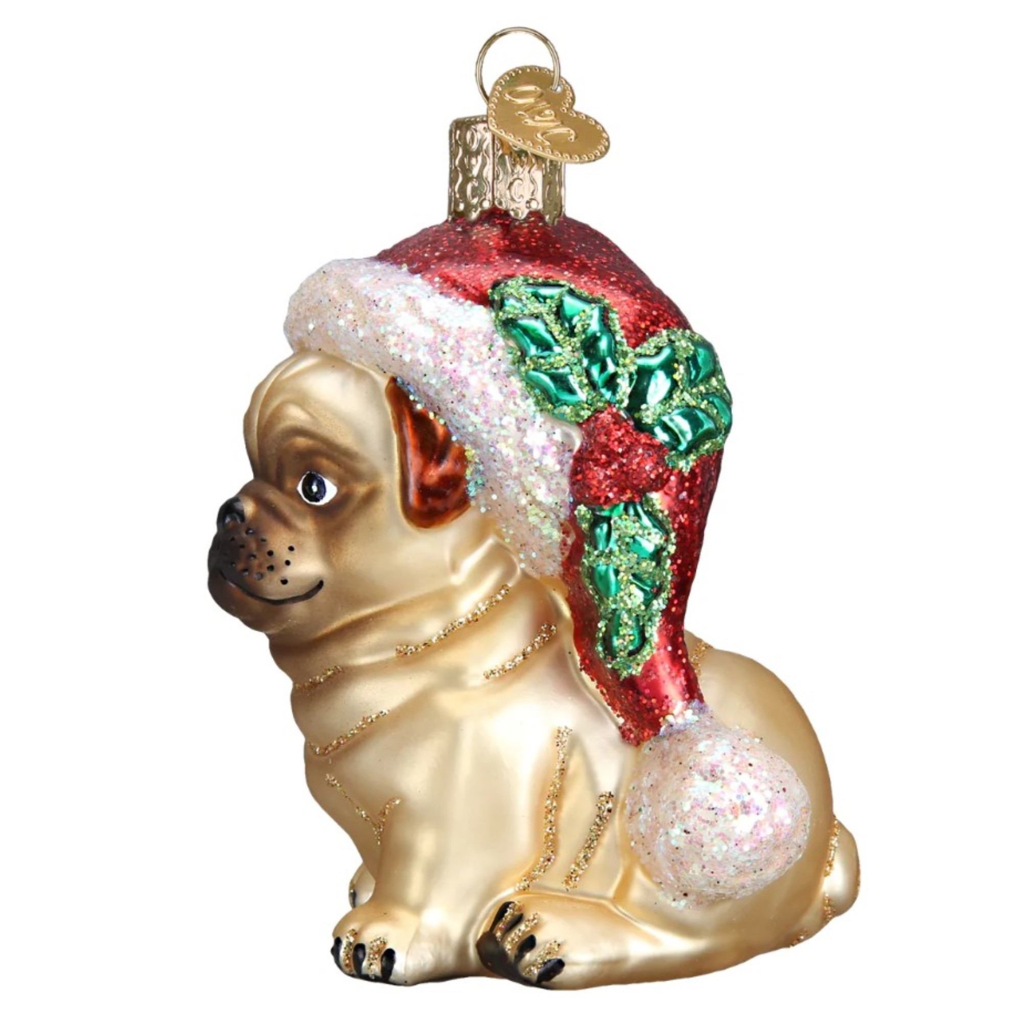 Old World Christmas Blown Glass Ornament for Christmas Tree, Holly Hat Pug