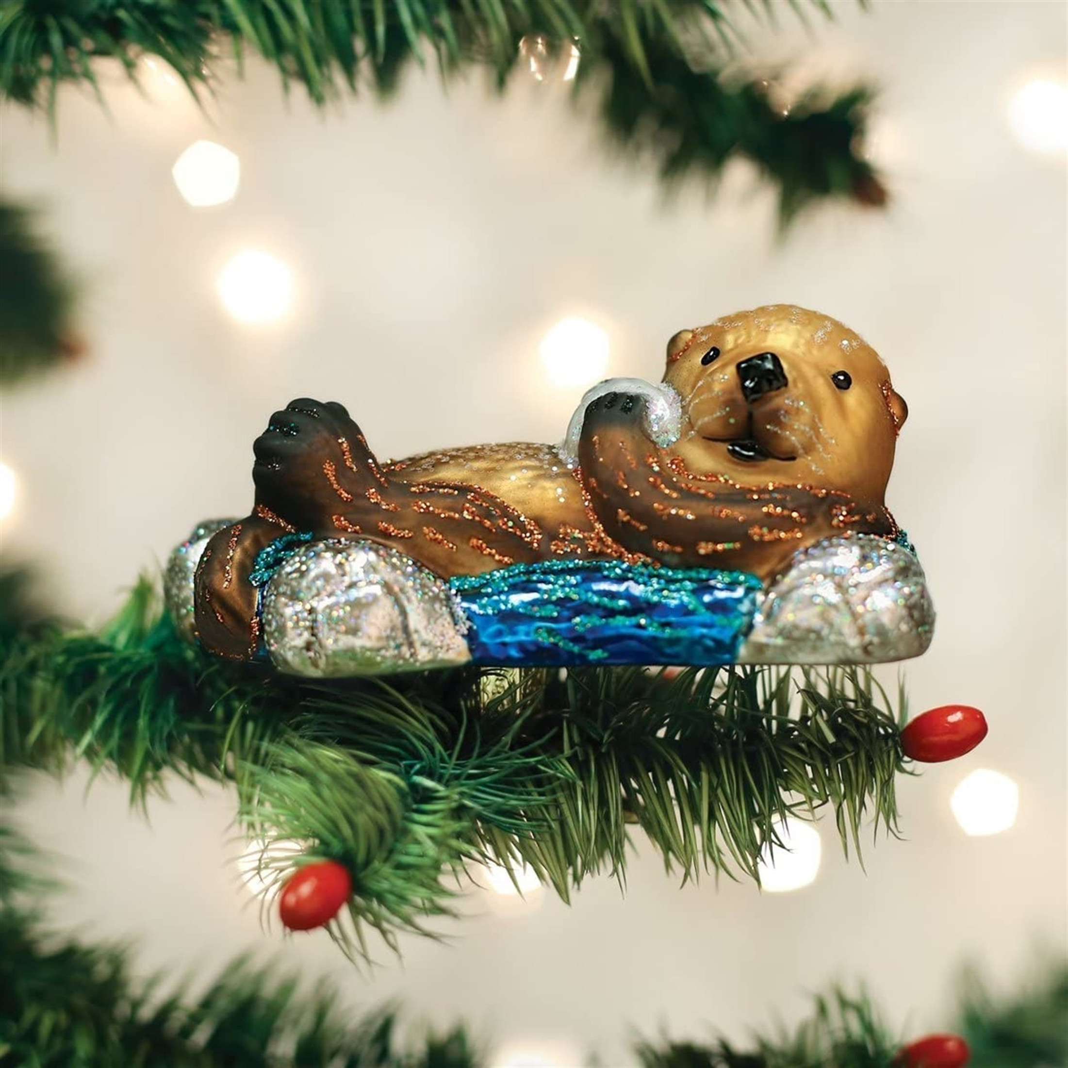 Old World Christmas Glass Blown Christmas Ornament, Floating Sea Otter (With OWC Gift Box)