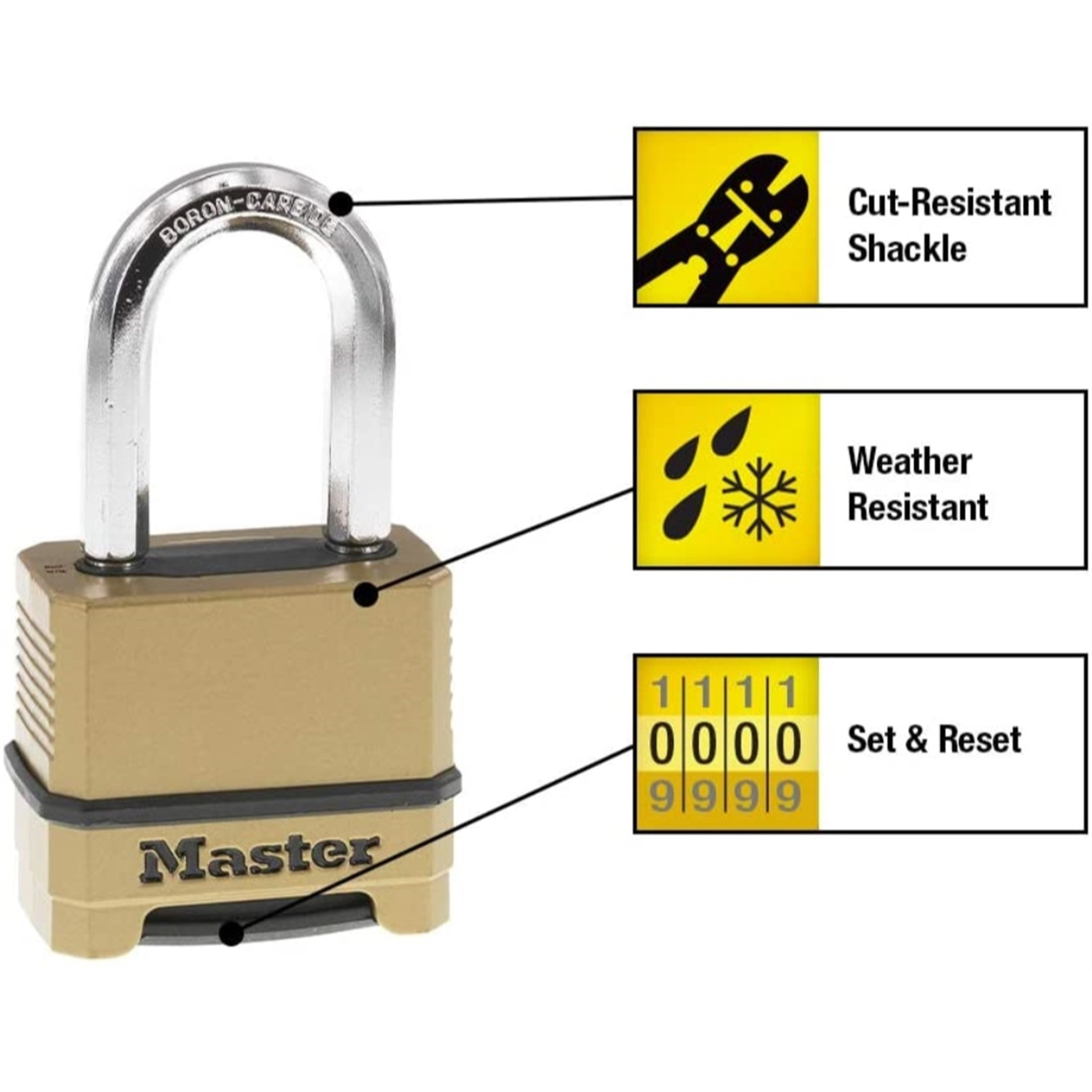 Master Lock Heavy Duty Outdoor Combination Lock, Shackle, Brass Finish -1.5"