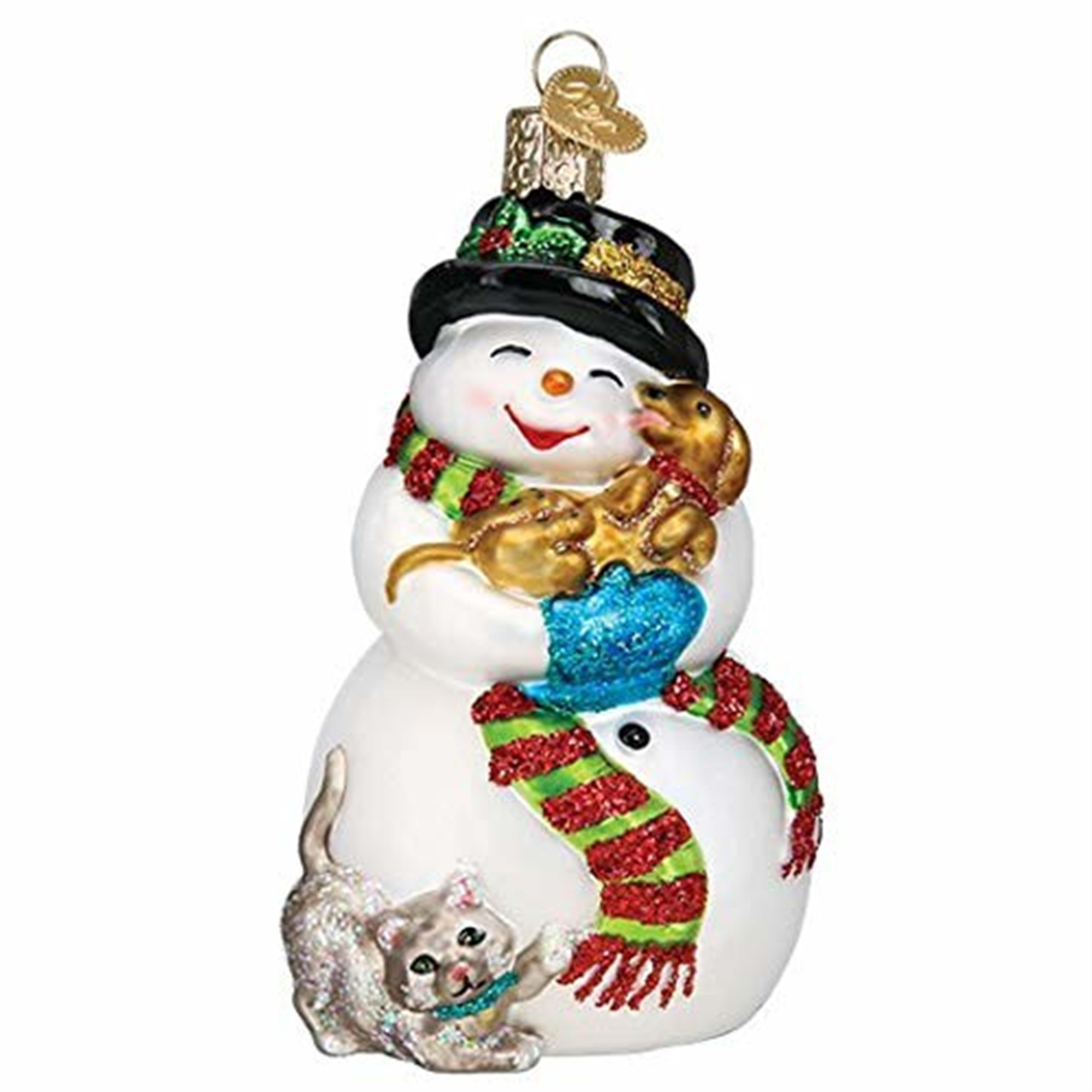 Old World Christmas Glass Blown Ornament for Christmas Tree, Snowman with Playful Pets
