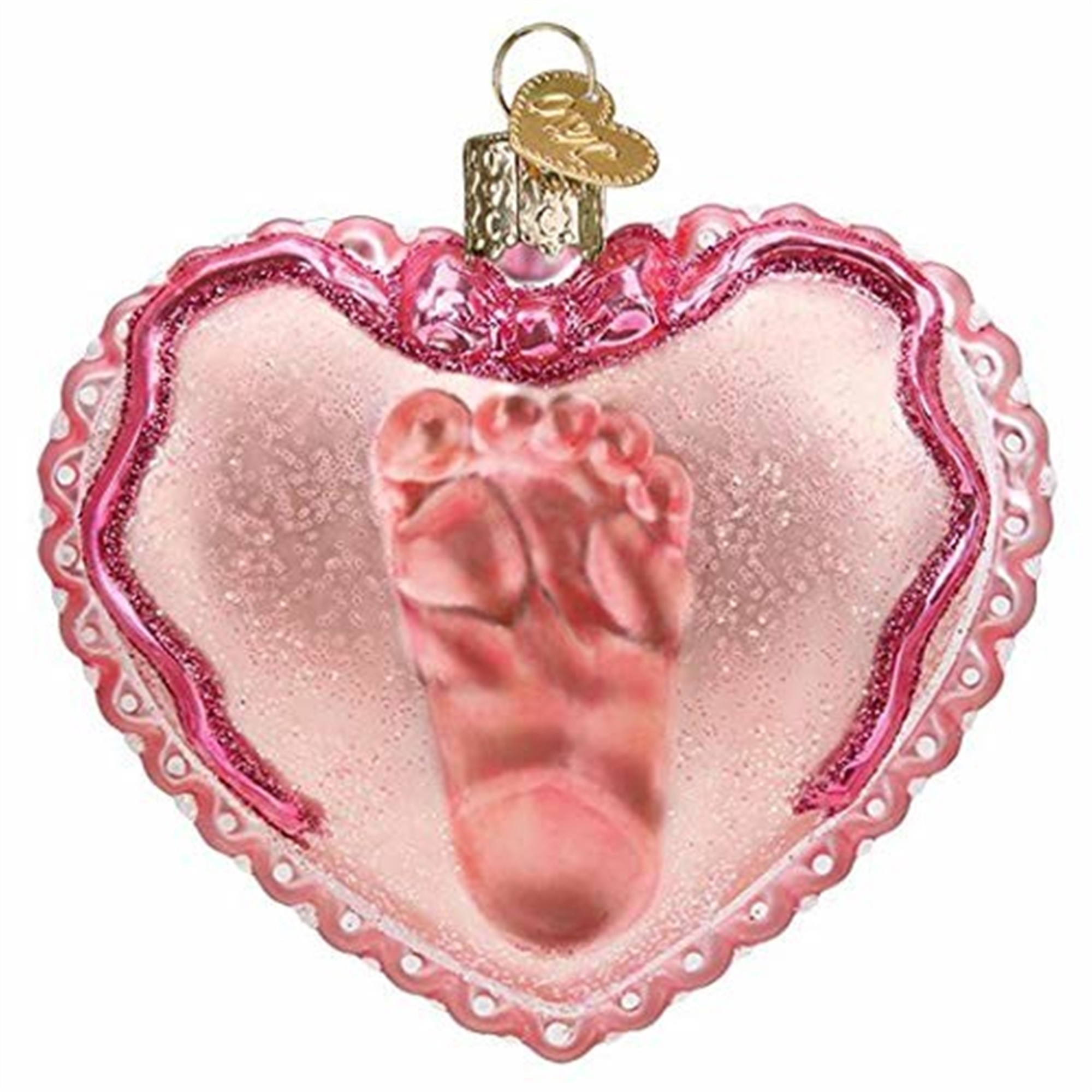Old World Christmas Blown Glass Ornament for Christmas Tree, Baby Girl Footprint Heart