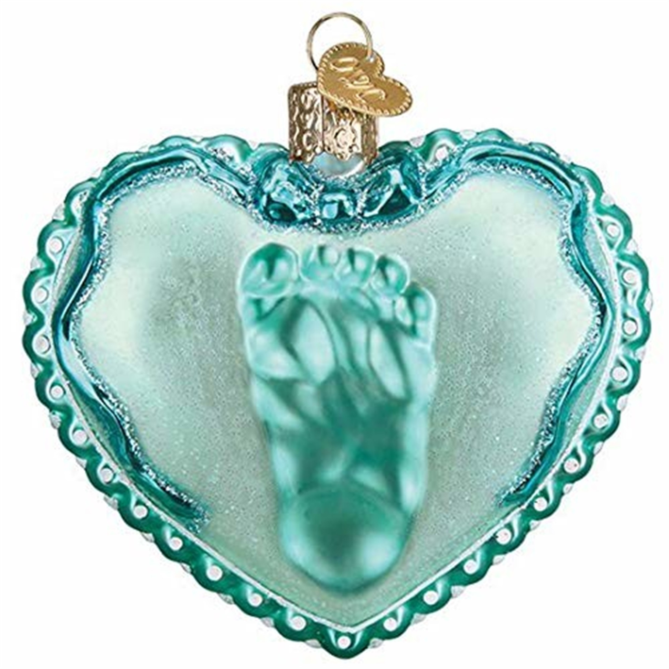 Old World Christmas Glass Blown Christmas Ornament, Baby Boy Footprint Heart (With OWC Gift Box)