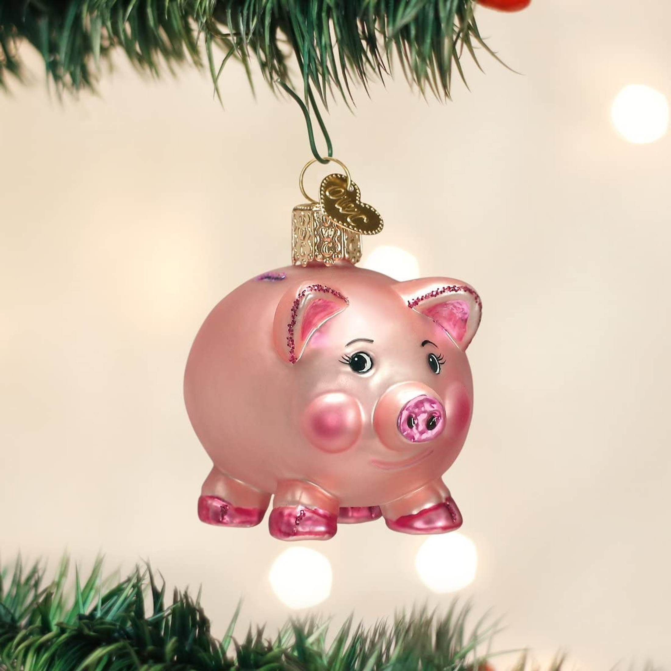 Old World Christmas Glass Blown Christmas Tree Ornament, Piggy Bank (With OWC Gift Box)