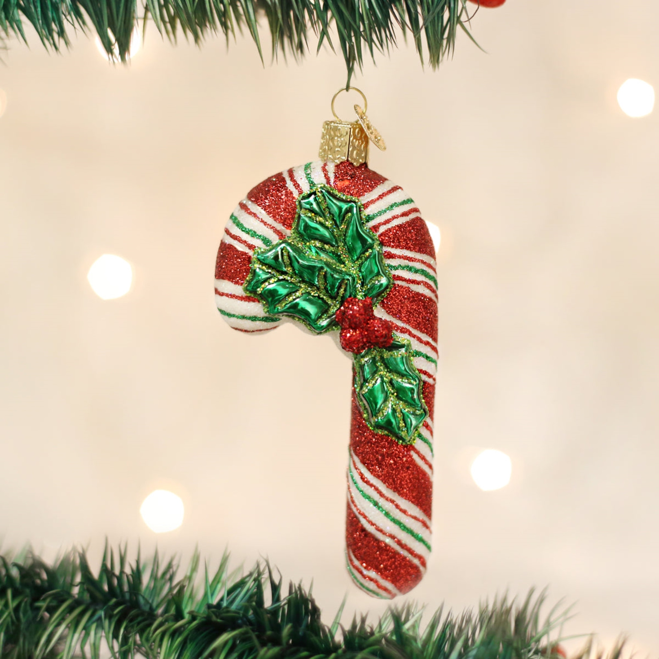 Old World Christmas Glass Blown Christmas Ornament, Glistening Candy Cane (With OWC Gift Box)